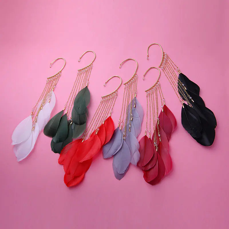 Feather Ear Cuffs, Bohemian Long Tassel Earrings