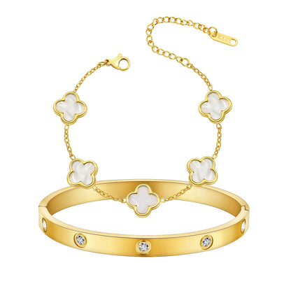 KIOGIU Gold Plated Clover Cuff Set for Women - Lucky Oval Bangle Bracelets